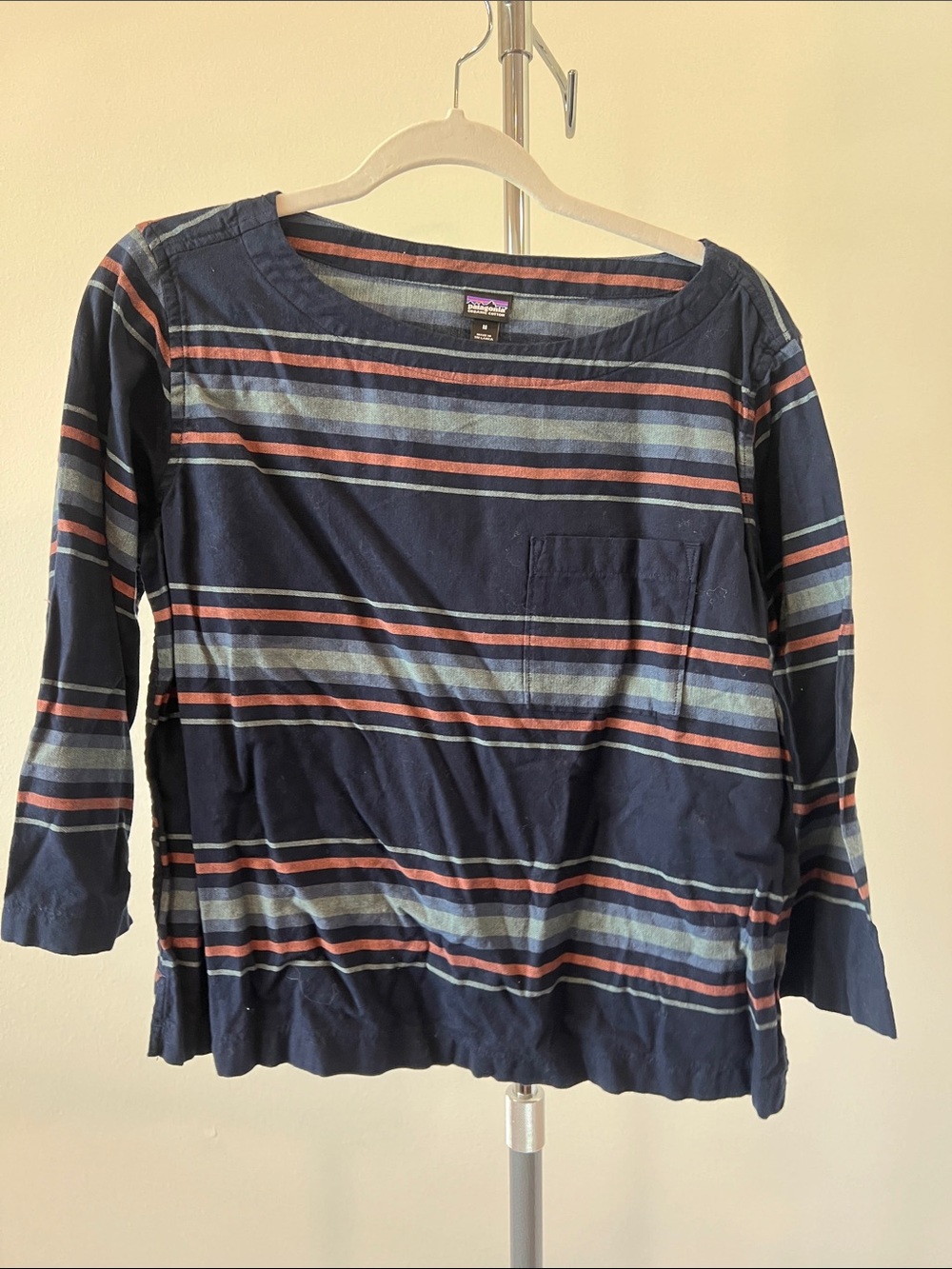 Patagonia Navy Striped Top with Light Blue and Rust Stripes